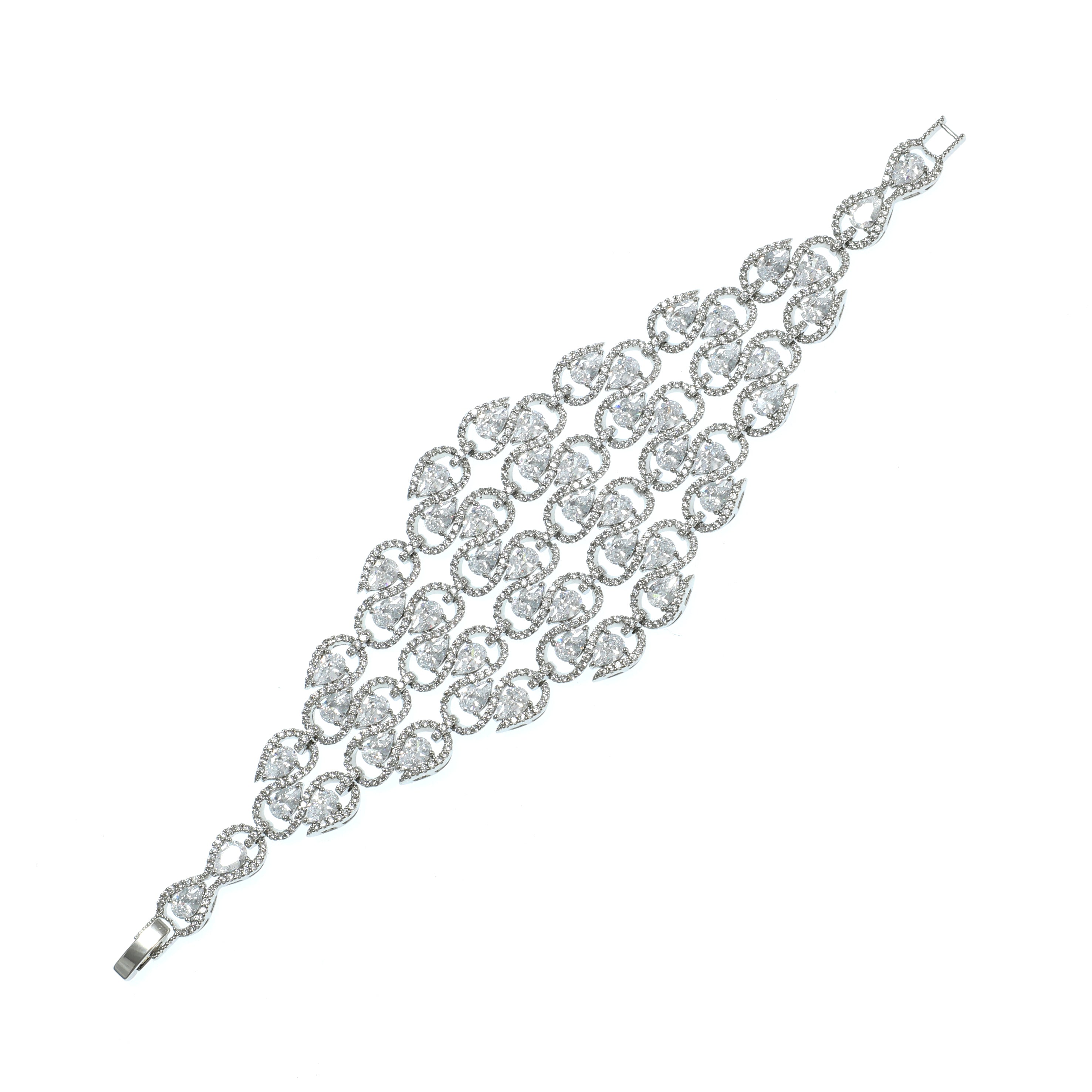 Silver bracelet with clear gemstones on a white background
