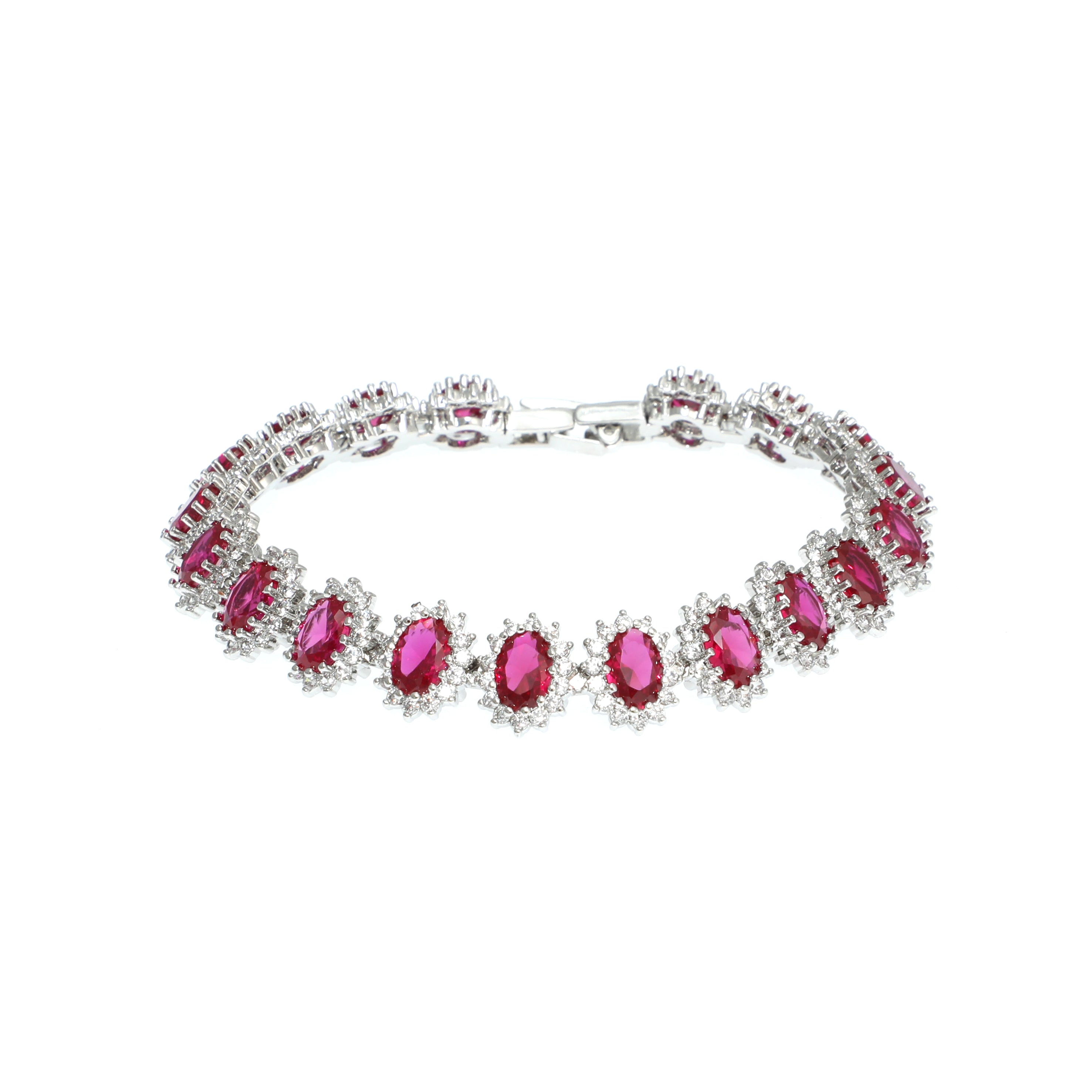 Bracelet with pink gemstones and silver clasp on a white background